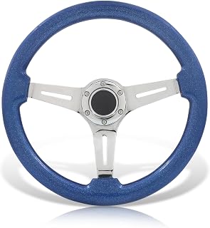 AJP Distributors Universal 350mm 14" Classic Wood Grain Style 6 Bolts Holes Steering Wheel w/Horn Button, JDM VIP Light Weight Deep Dish 3 Spoke Metallic Blue Trim w/Polished Chrome Steel Center