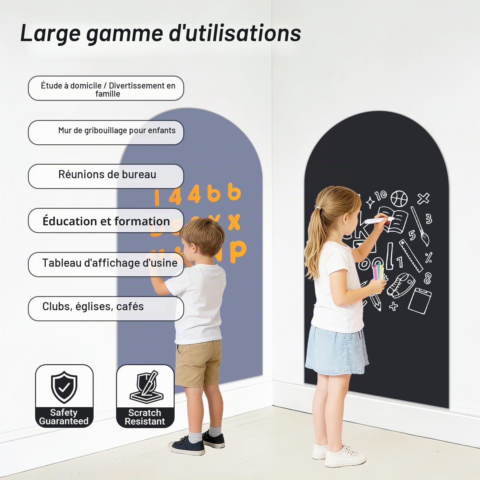 Tableau Noir Magnétique Autoadhésif 80 x 40 cm – Feuille Murale Effaçable avec Surface Magnétique, Design Arche, Inclut Craies, Chiffon et Aimants – Maison, Bureau, École (Noir)