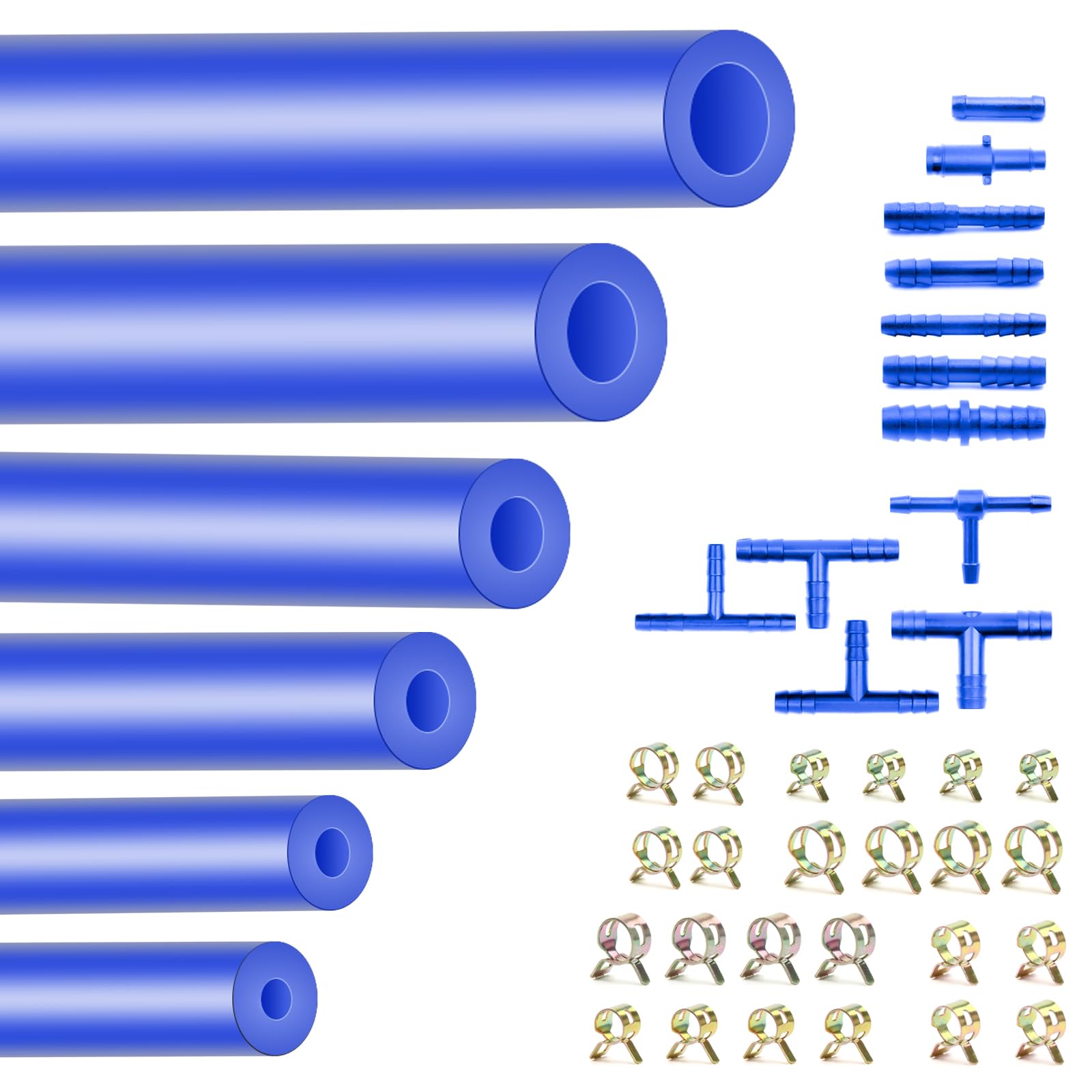 Silicone Vacuum Hose Kit, Vibrant Blue Tubings 6PCS 10FT + Matching Connectors 12 Sizes 128PCS + Spring Clamp 6 Sizes 24PCS, 1/8