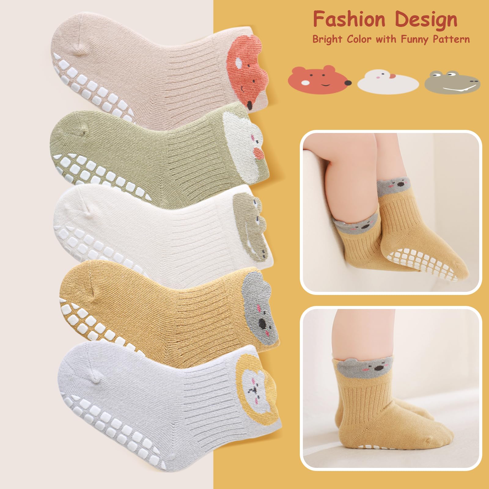 ZYUPHY Calzini Antiscivolo Bambino 5 paia Cotone Calzini Antiscivolo Bambina Ragazze Ragazzi Animali Cartoni Animati Calzini Neonato per 0-5 Anni Bambino