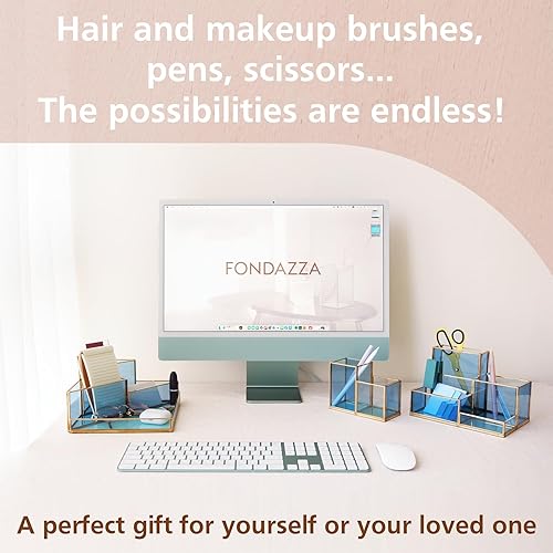 Miniatura 5 de FONDAZZA 5-Compartment Desk Organizer for Home Office Supplies, Gold Brass with Blue Glass, Workspace Storage for Stationery, Cosmetic, Makeup Tools