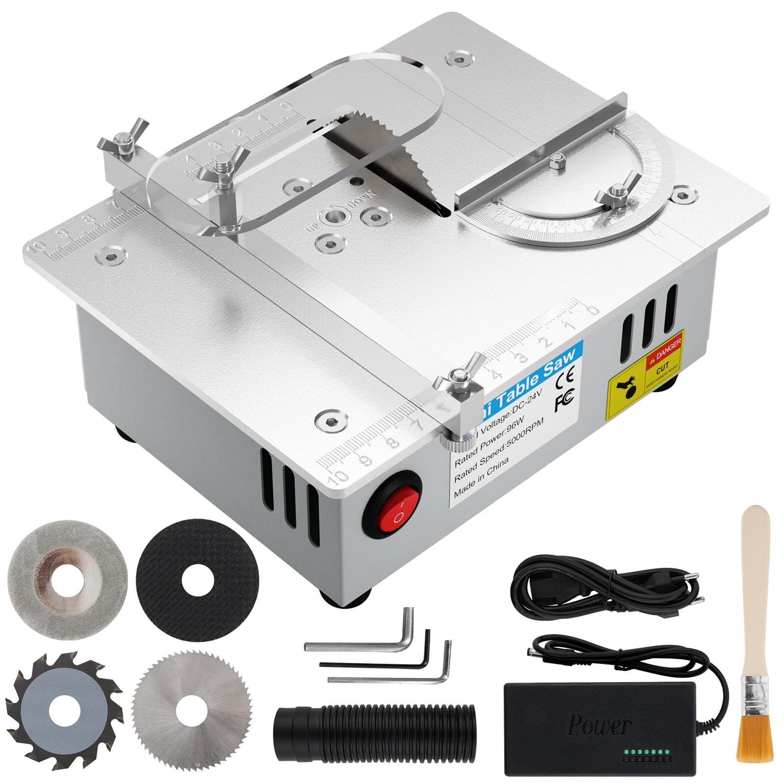 Mini sega circolare da tavolo con 4 lame, sega da tavolo di precisione da 96 W, alimentatore di rete a 7 velocità, lama regolabile in altezza 0,1-15 mm, sega circolare da tavolo portatile per progetti