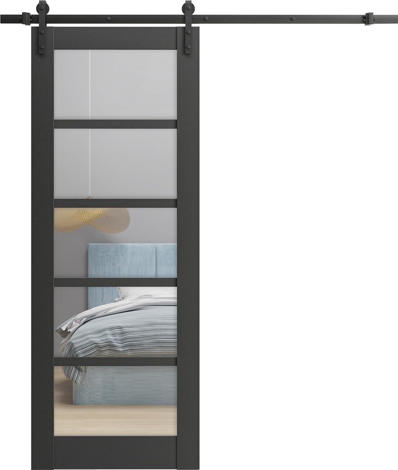 SARTODOORS Quadro 4522 | Interior Single Sliding barn Door with Clear Glass, MDF, 42x80, Black, Modern Style | Hardware Included