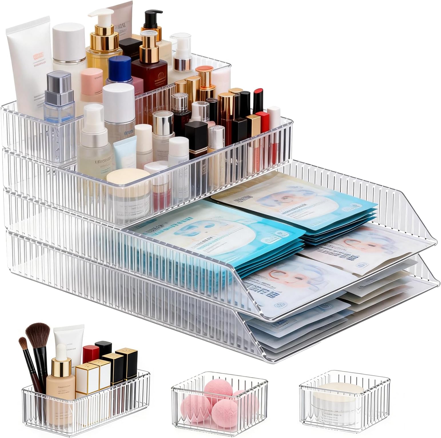 7 PCS Clear Drawer Organizers Bins, 5-Size Stackable Drawer Organizer Trays, Multipurpose Bedroom and Vanity Makeup Storage Containers, Plastic Storage Divider Bins for Makeup Bedroom, Kitchen, Office