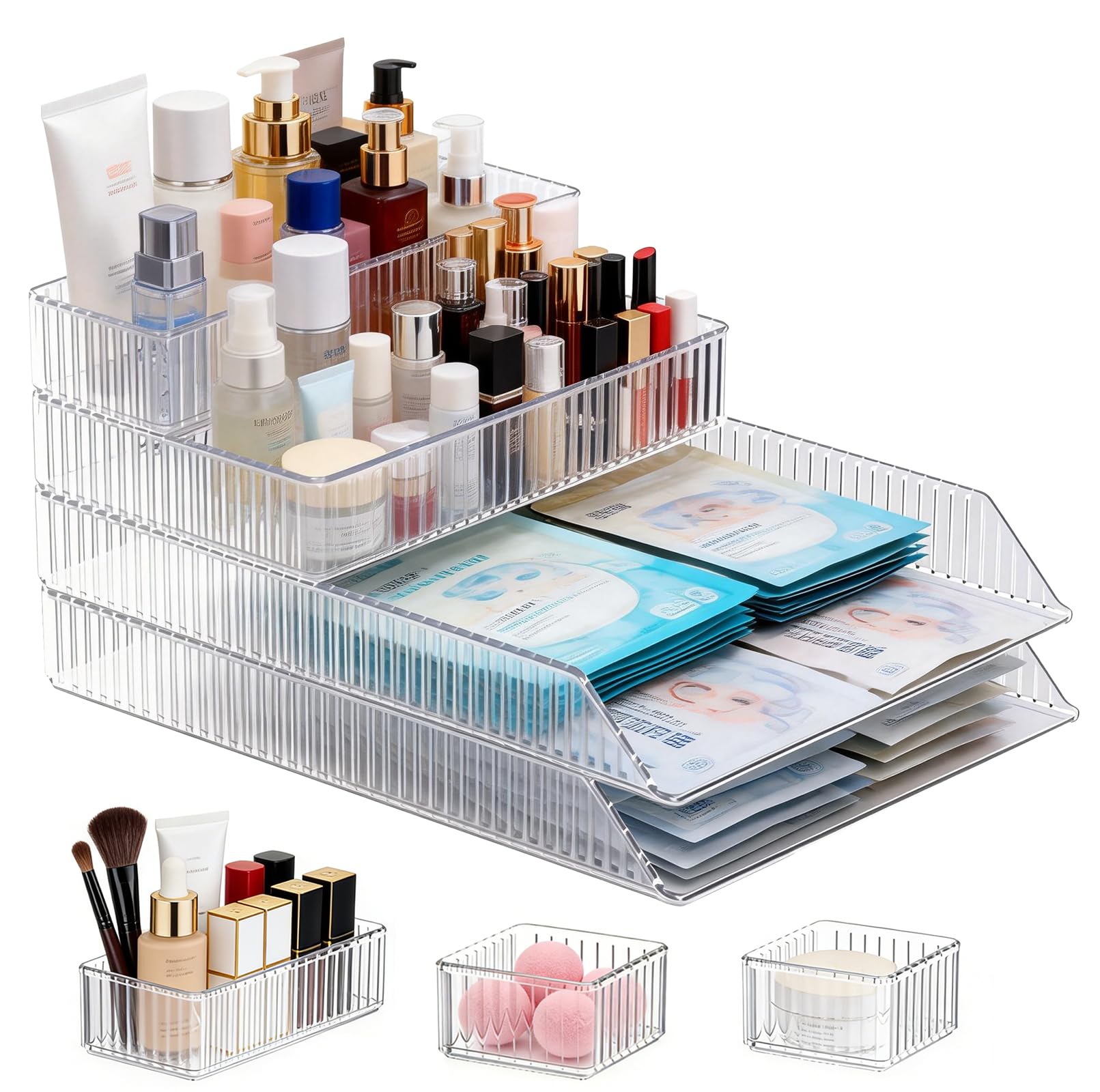 7 PCS Clear Drawer Organizers Bins, 5-Size Stackable Drawer Organizer Trays, Multipurpose Bedroom and Vanity Makeup Storage Containers, Plastic Storage Divider Bins for Makeup Bedroom, Kitchen, Office