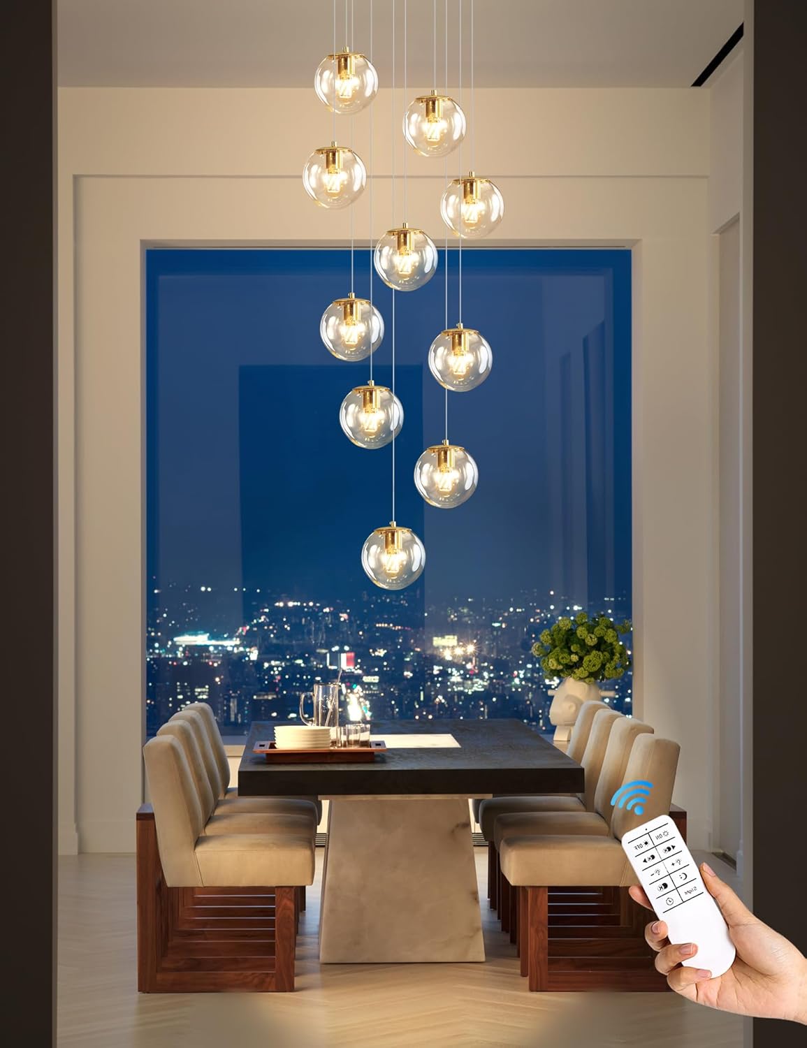 10-light led staircase modern glass globe pendant light gold chandeliers large chandeliers for high ceilings, entryway lighting fixture villas and stairs gold-clear 10-light