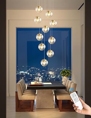 Miniatura 263 de Escalera LED de 10 luces LED moderna con globo de cristal, lámpara colgante grande para techos altos, accesorios de iluminación de entrada, villas y