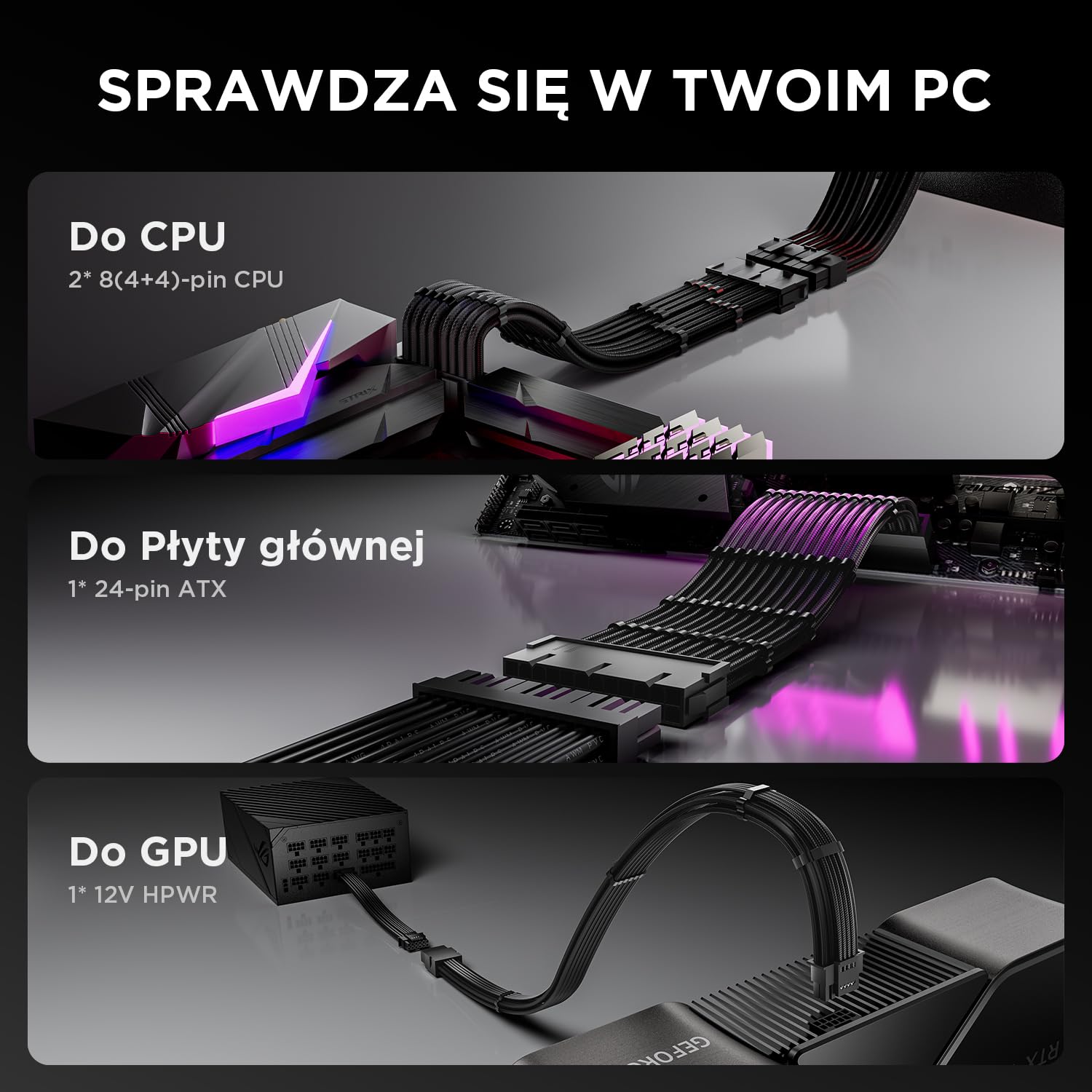AsiaHorse PCIE 5.0 12VHPWR PSU przedłużacz kabla Kit [16AWG] kabel zasilający do CPU i GPU 30 cm