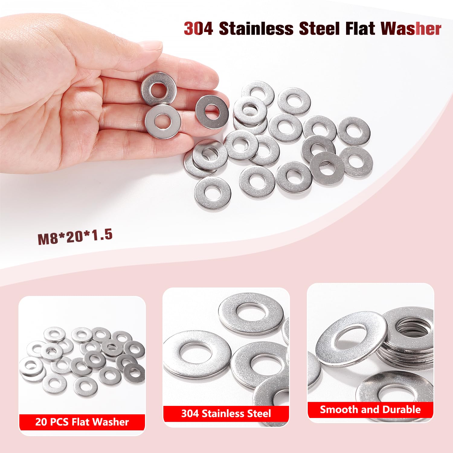 YIXISI 20 PCS M8x20x1.5 mm Flat Repair Washer, 304 Stainless Steel Flat Washer, Penny Washers for Screws & Bolts - Image 3