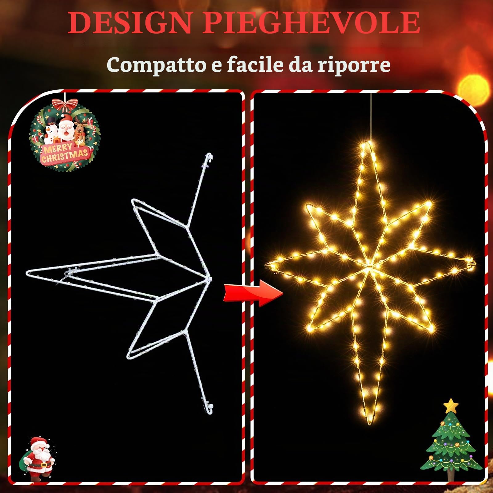 Quntis Confezione da 2 luci a stella di Natale pieghevole, 58 cm Big Star 236 LED decorazione per finestra con batteria gancio per timer, IP44 decorazione natalizia per interni esterni bianco caldo