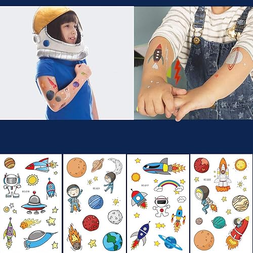 Miniatura 2 de 250 tatuajes temporales para fiestas de cumpleaños infantiles, 4 series de bonitos tatuajes impermeables para niños y niñas, dinosaurios, naves