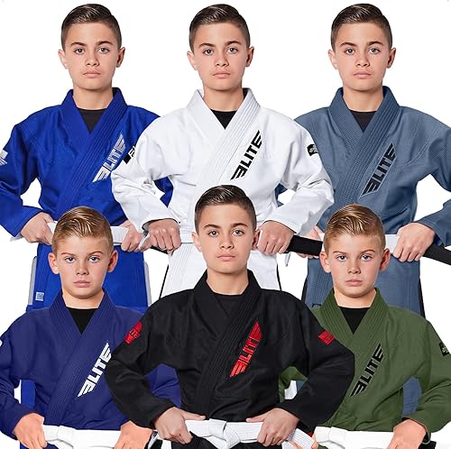 Elite Sports Kids BJJ GI - Kimono brasileño Jiujitsu Gi con tela preencogida y cinturón, para niños y jóvenes, aprobado por la IBJJF