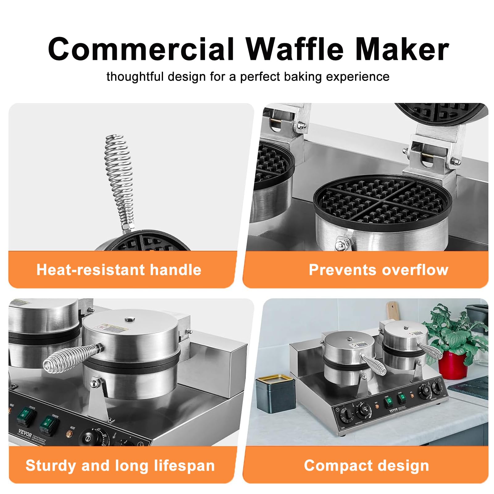 Wafflera Comercial, MáQuina para Hacer Gofres, Gofrera Belga De Acero Inoxidable Antiadherente De 1200 W con Control De Temperatura Y Tiempo, Asa, para Restaurantes Y PanaderíAs,B