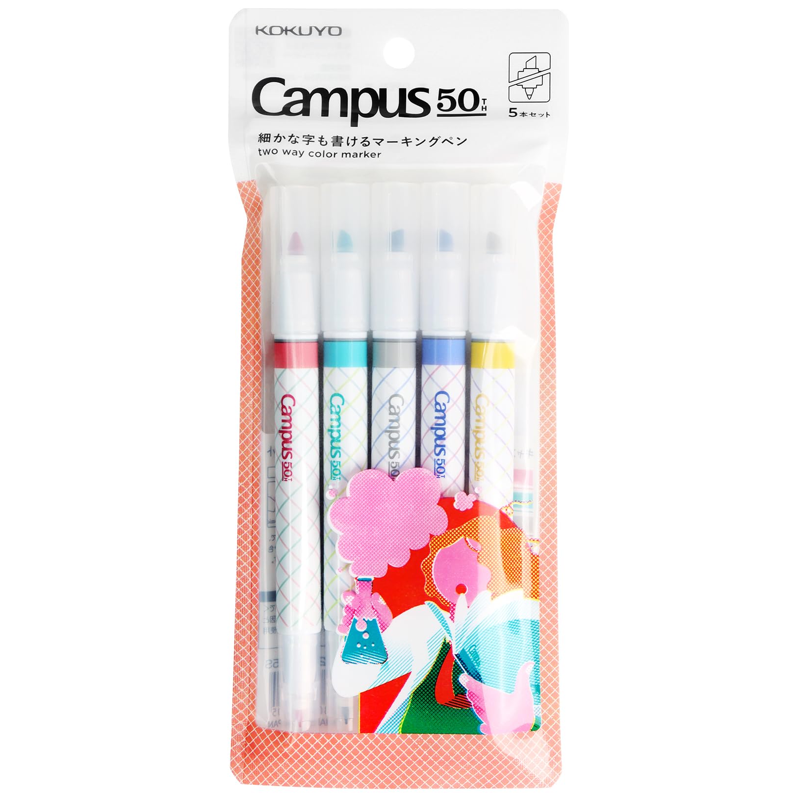 KOKUYO 2-Way Highlighter 5 Colors Set. Mark+ Dual Way of Point Types, 5 Pack of Pink. Japan Import (50th Anni. Assorted)