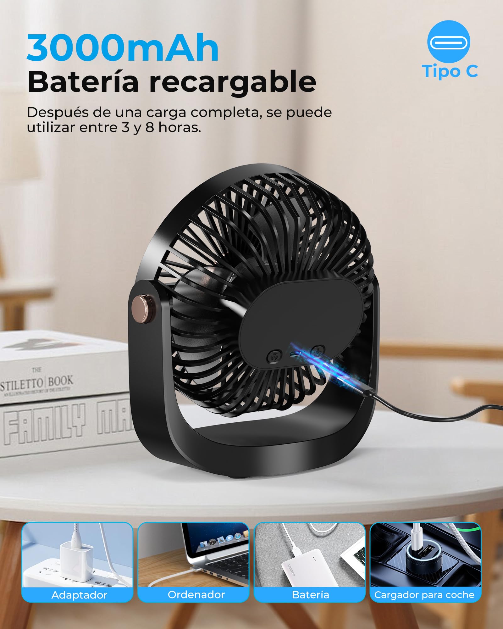 Ventilador de Mesa Portátil Silencioso con Luz Nocturna, Recargable USB 3000mAh, 5 Velocidades, Ajustable 360° para Oficina y Dormitorio y Constituir,Negro