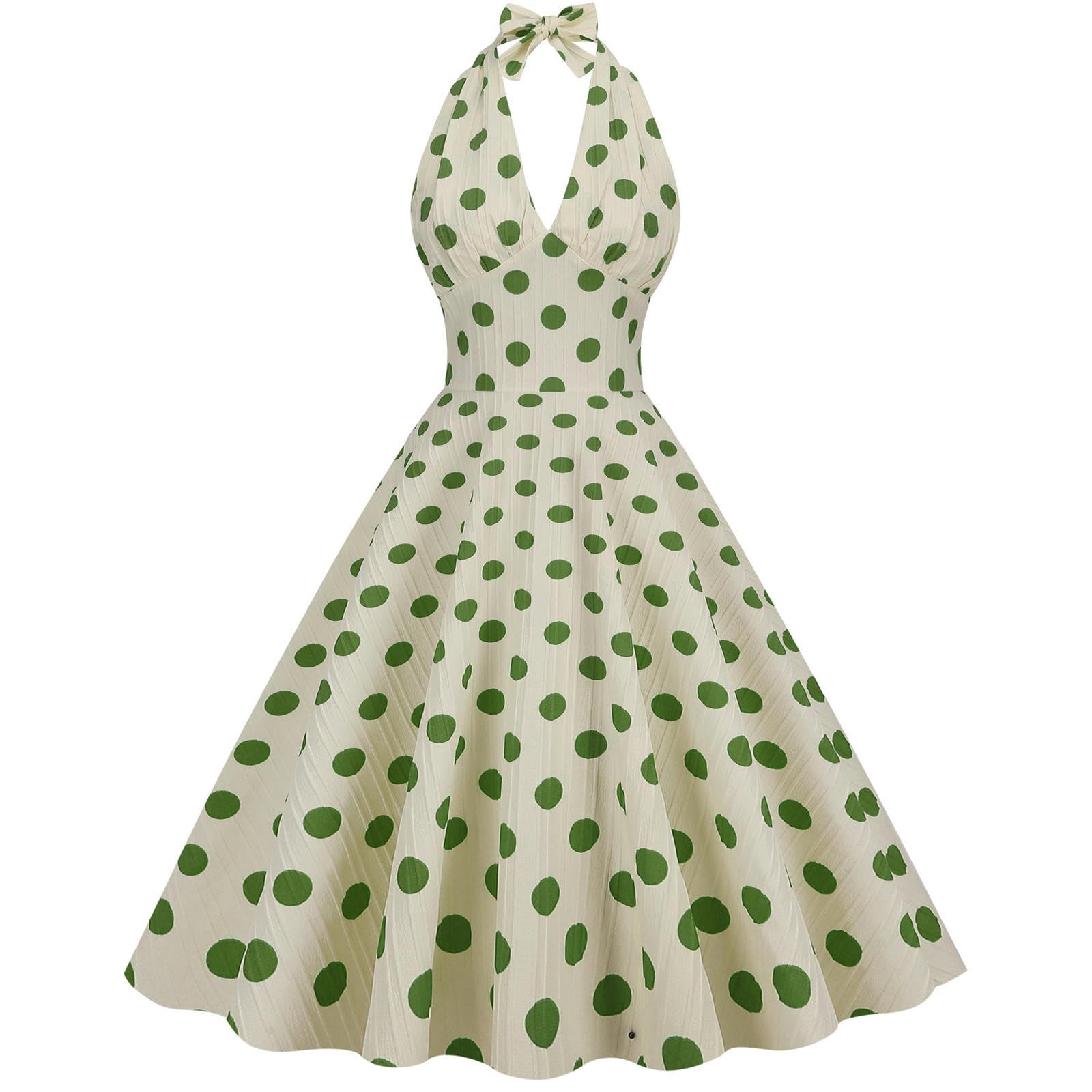 Robe de Banquet de Vacances rétro Taille Haute à Pois avec col Licou et Robe mi-Longue à Large Ourlet pour Femme - Fond Abricot Rouge à Gros Pois - XXL