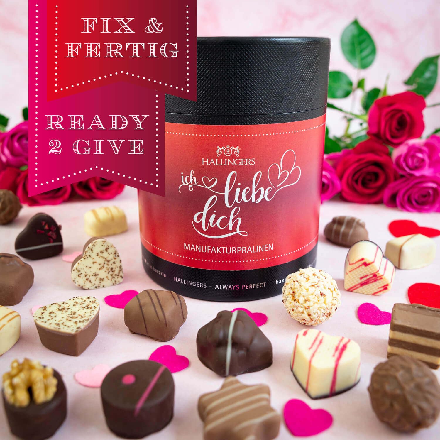 Hallingers Genuss Manufaktur Pralinen Valentinstagsgeschenk - ohne Alkohol, handmade aus Confiserie-Edelkakao in wertiger XXL-Geschenkdose "Ich liebe Dich", Valentintstag für Frauen Männer