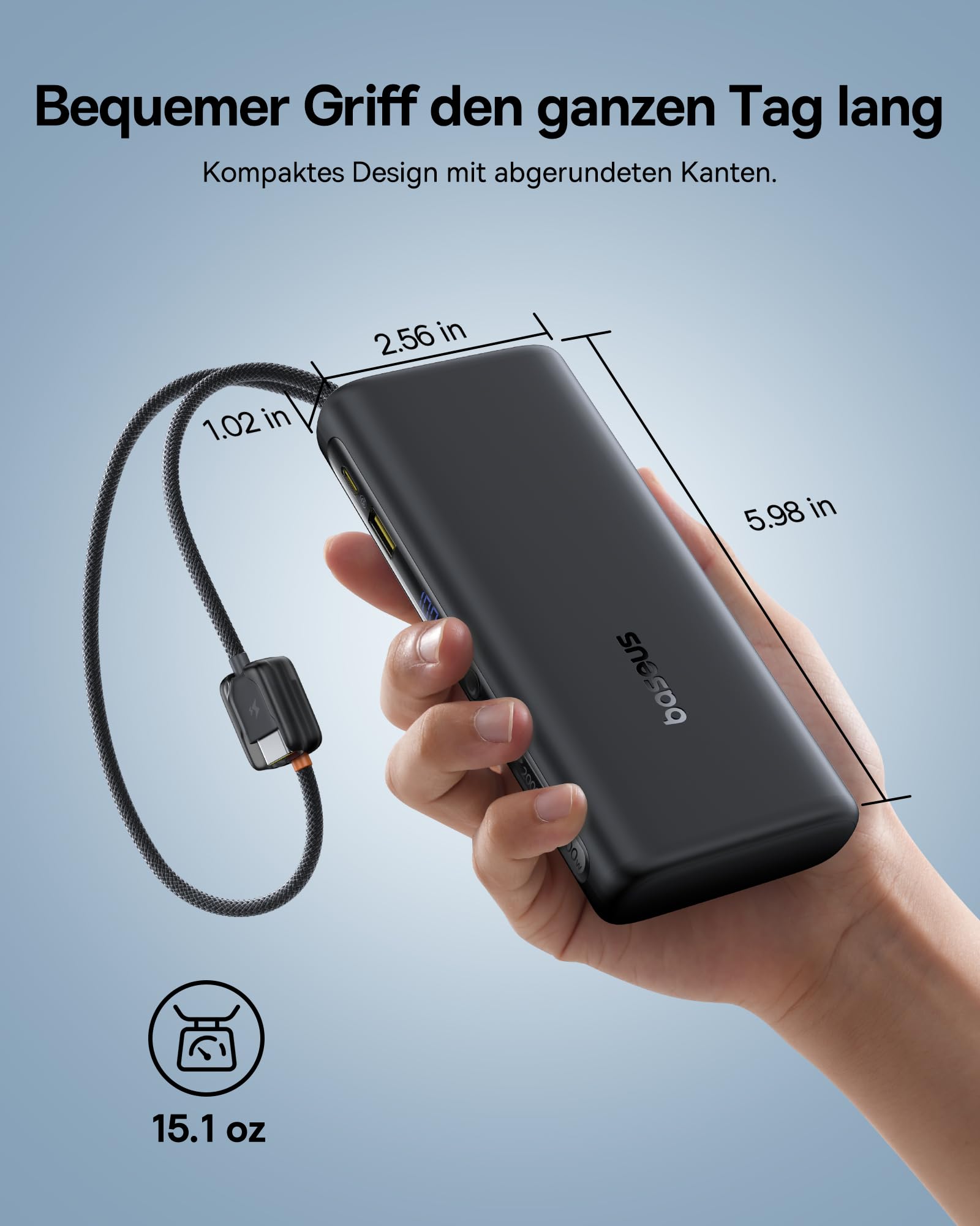 Baseus FC41 100W 20000mAh Powerbank Laptop, Schnellladen Power Bank mit 2 Integriertem USB-C Kabel, Externe Handyakkus für MacBook Pro, iPhone, Dell, HP, SteamDeck, Samsung, Dunkelgrau