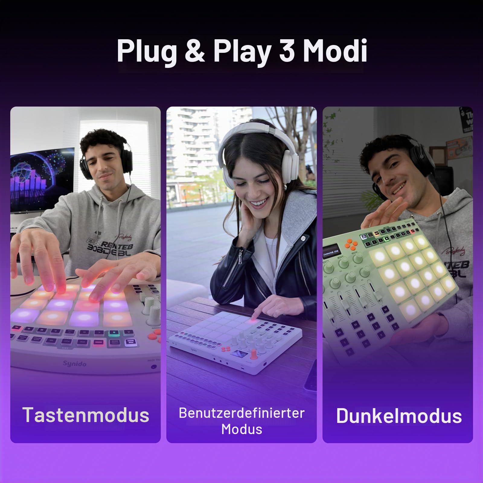 Synido Wireless MIDI Pad Controller, USB Wiederaufladbare Beat Maker Maschine für Musikproduktion Professional mit 16 RGB Beat Pad, OLED Bildschirm, 16 Step Sequencer, MIDI In/Out/Thru