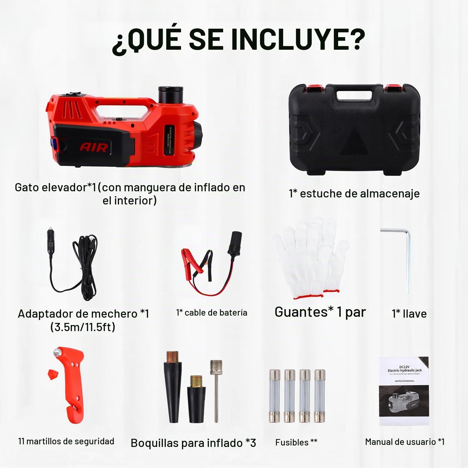 Gato Electrico para Coche 5T, 12 V Gato Hidráulico para Coche, 15-45 cm de Alcance de Elevación, con Bomba Inflable y luz LED, 4 en 1 para Auto/SUV/Camión, Cambio de Neumáticos
