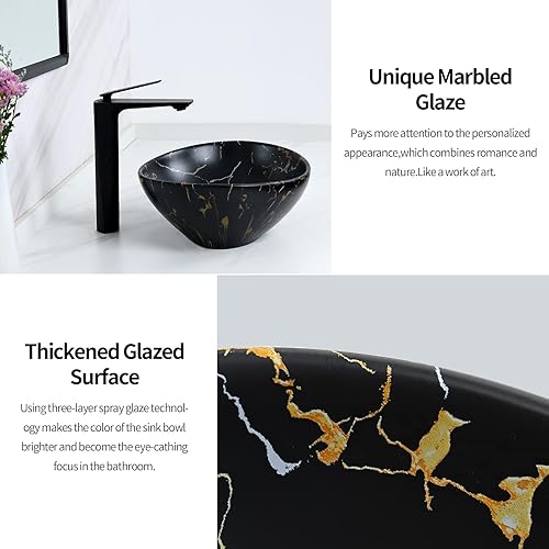 Miniatura 5 de Davivy Fregadero ovalado negro mate de 16 x 13.2 pulgadas con drenaje desplegable, fregaderos de baño, lavabos de baño sobre encimera, fregadero de