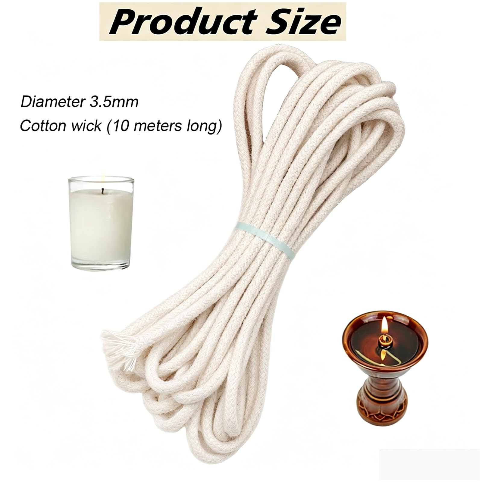 Stoppini in cotone da 3,5 mm, rotolo da 10 m, stoppino rotondo intrecciato a cherosene per lanterne a olio, stufe a paraffina, lampade ad alcool, bruciatura pulita, di lunga durata, per casa, giardino