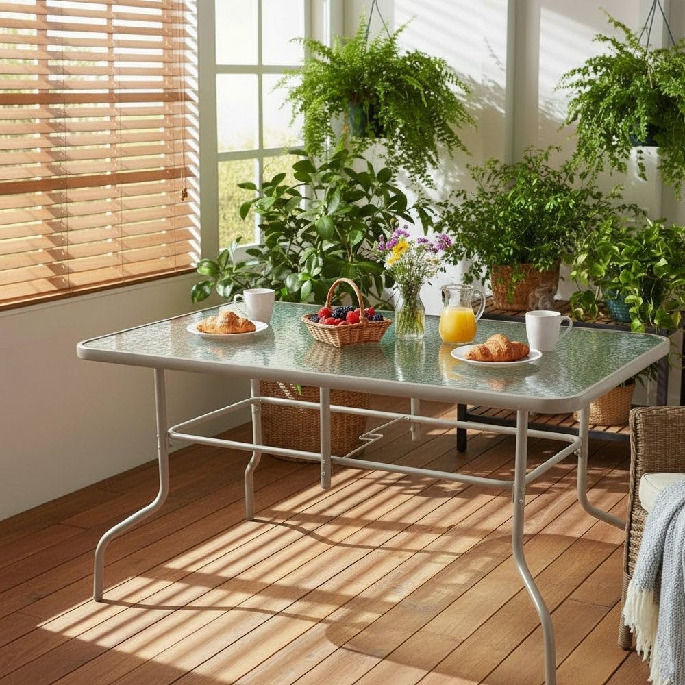 MONTY Mesa de Jardín Rectangular 140x90 cm de Acero Arena con Tablero de Cristal Templado 5mm | Pintura Anticorrosión, Uso Exterior | para 4 Personas | Requiere Montaje | Classic