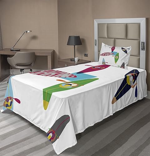 Lunarable Juego de sábanas de remos, patrón temático de deportes acuáticos con personas en kayak con botes coloridos, sábana bajera y sábana