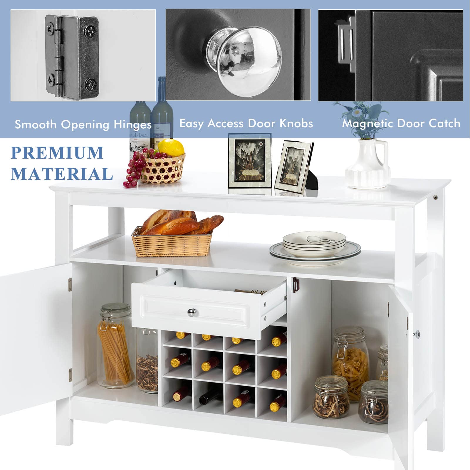 LIFEZEAL Credenza Cucina, Mobile Soggiorno, Madia, Armadietto, Bianco, con Cassetto, 2 Ante, 2 Ripiani, 12 Portabottiglie Rimovibili, Moderno, per Salotto, Sala da Pranzo, Bar, Legno, 117x40,5x85,5cm