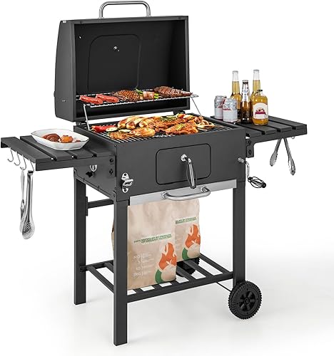 Giantex Parrilla de carbón de 24 pulgadas, 2 mesas auxiliares plegables, estante inferior de almacenamiento, 8 ganchos, bandeja de carbón ajustable,