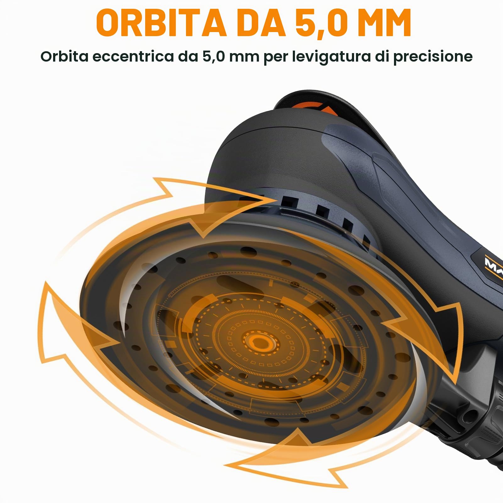 Levigaorbitale MAXXT 5,0mm brushless | Plateau doppio 150mm & 125mm | Motore EC 350W | 4000-10000 RPM | Scatola stampata | 20 carte abrasive per legno e lucidatura