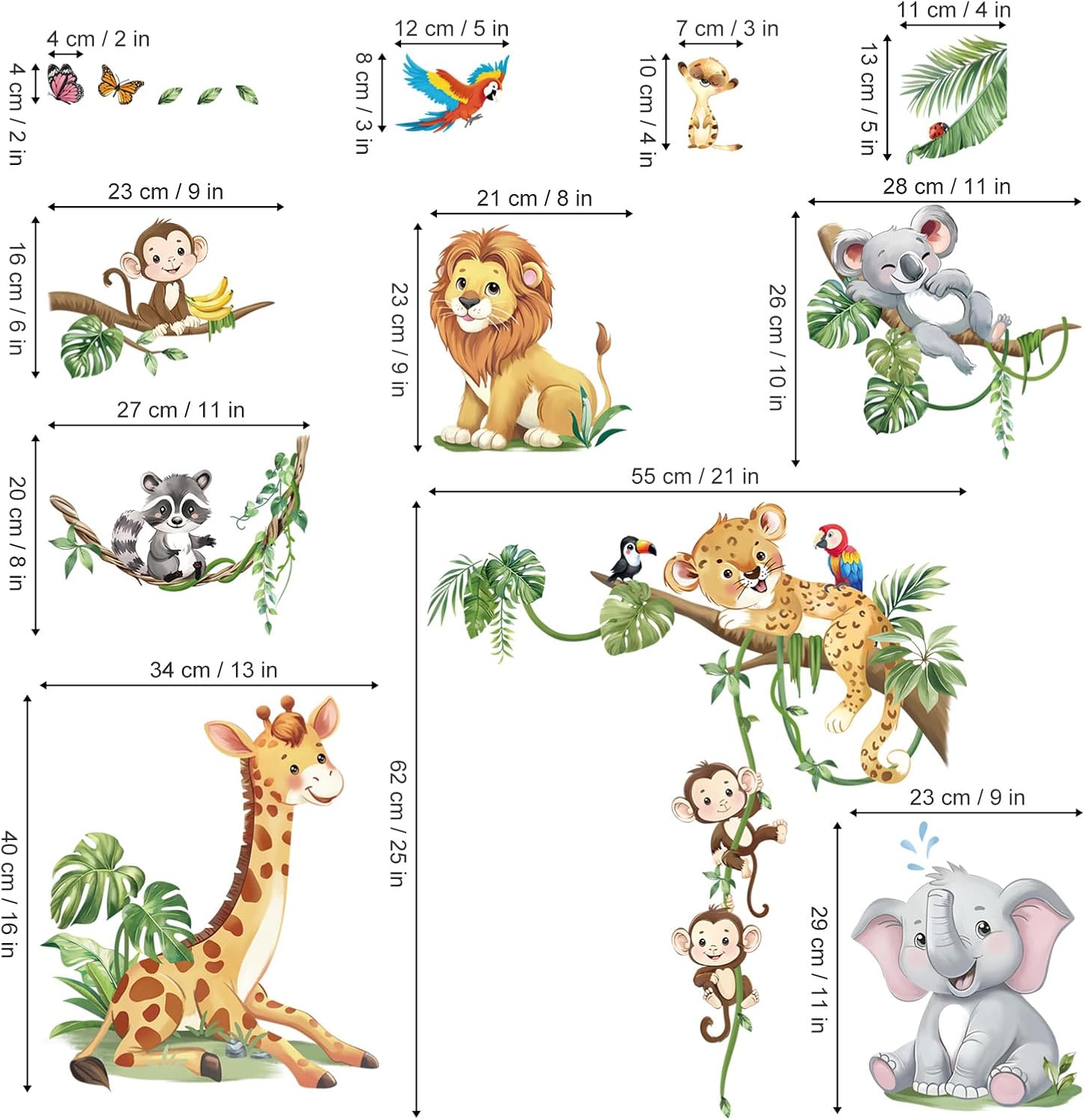 decalmile Safari Animals Tree Branch Wall Stickers Jungle Animals Giraffe Elephant Leopard Tropical Leaves Wall Decals Baby Nursery Kids Room Wall Decor
