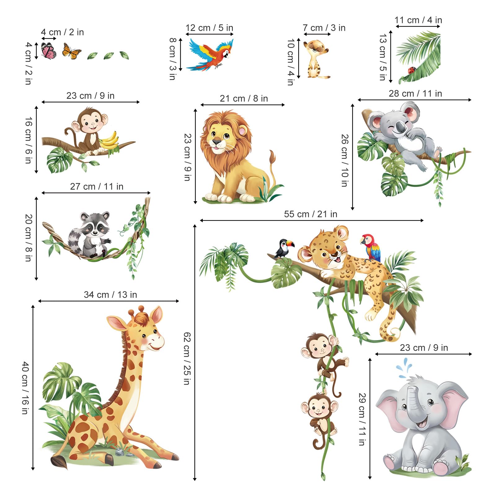 decalmile Safari Animals Tree Branch Wall Stickers Jungle Animals Giraffe Elephant Leopard Tropical Leaves Wall Decals Baby Nursery Kids Room Wall Decor - Image 4