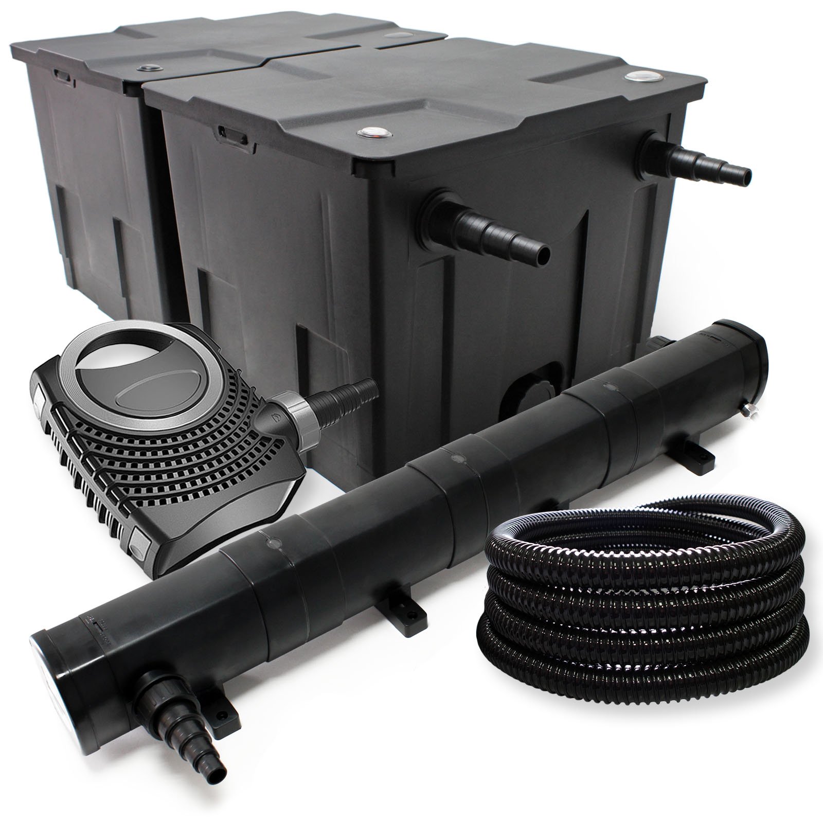 Wiltec Komplettset: CBF-350B Teichfilter bis 60000 L Teichfilteranlage als Durchlauffilter, NEO10000 SuperECO Teichpumpe 10000l/h 80W, CUV-272 Teichklärer UVC Klärer mit 72W, 25m Teichschlauch 25 mm