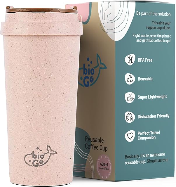 bioGo Travel Coffee Cup (450ml, Pink) | Reusable Coffee Cups with Lids | Coffee Travel Mug | Travel Cup Mug with Lid | Travel Coffee Mug | Travel Mugs for Hot Drinks | Portable Coffee Cup Travel