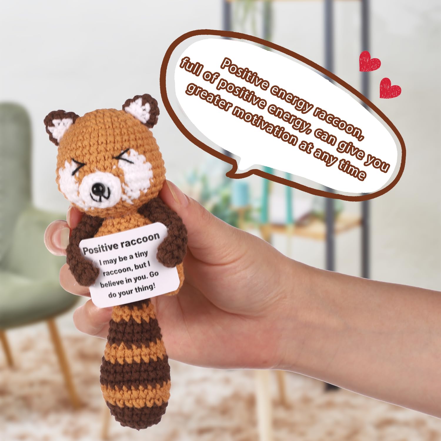 Muñeca De Ganchillo Mapache Hecha A Mano – Amigurumi De 15 Cm Con Tarjeta Inspiracional, Decoración Positiva Para Hogar