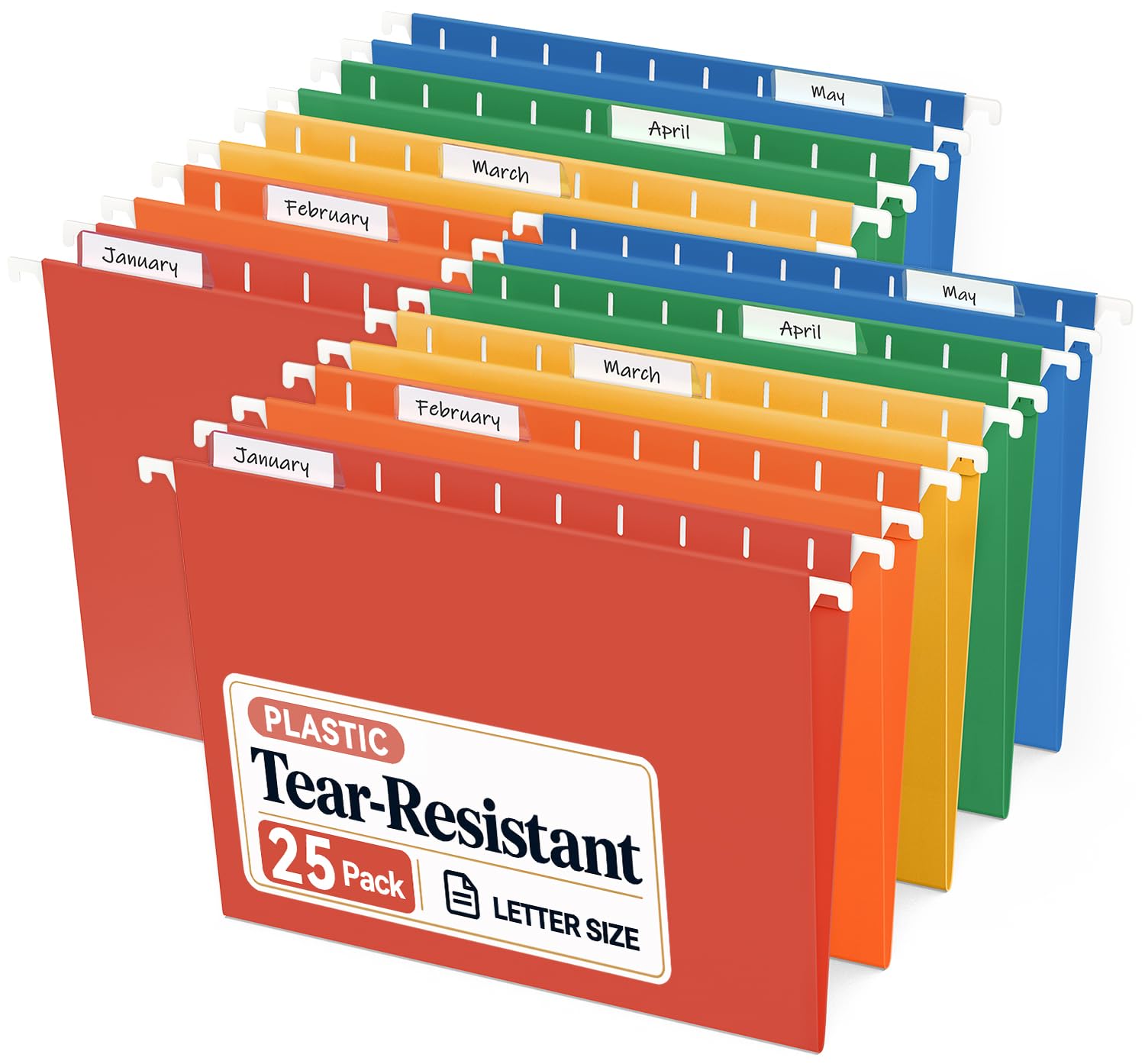 Sooez Tear-Resistant Plastic Hanging File Folders, 25 Count, Letter Size | Sturdy File Organizer Suitable for File Cabinet Box Frame, 1/5-cut Adjustable Tabs for Office Home School, Red