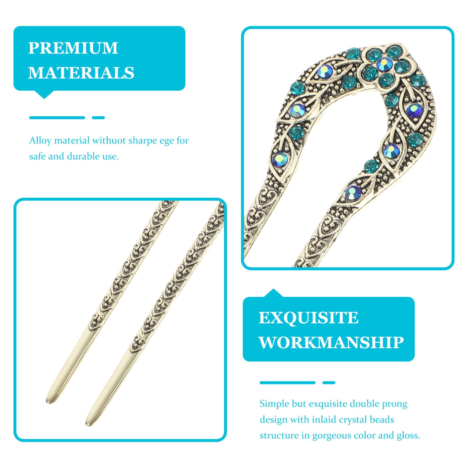 Forcina per Chignon a Doppia Punta Cristalli Incastonati Blu in Lega, Elegante Spilla per Chioma Donna, Accessorio per Feste Estive e Danze