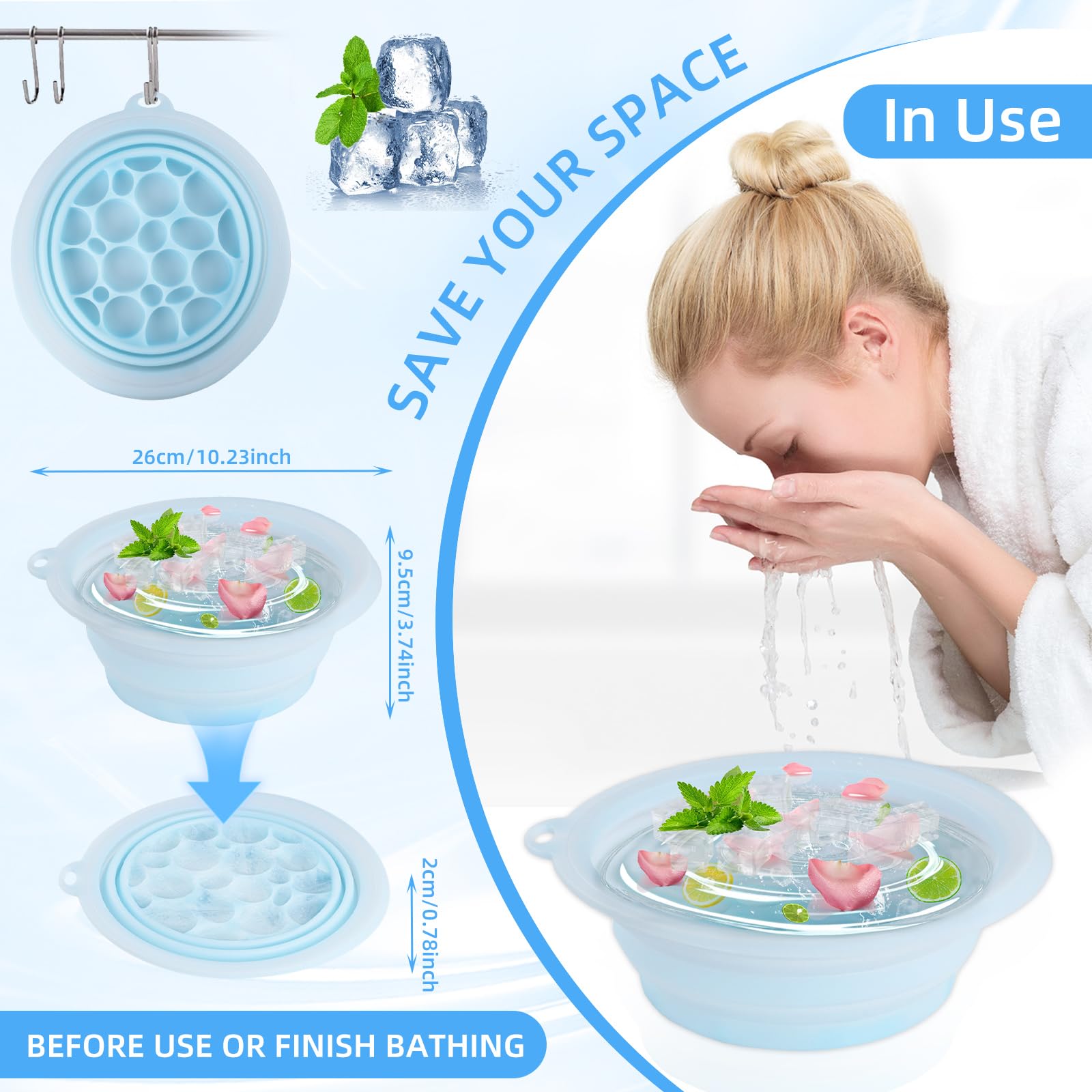 Face Ice Bath Bowl, Silicone Ice Facial Folding Washbasin, Foldable Ice Bath Artifact, Portable Washing Basin, Face Ice Bath Water Chiller for Soothe Skin, Reduce Puffiness, Pore Shrinking