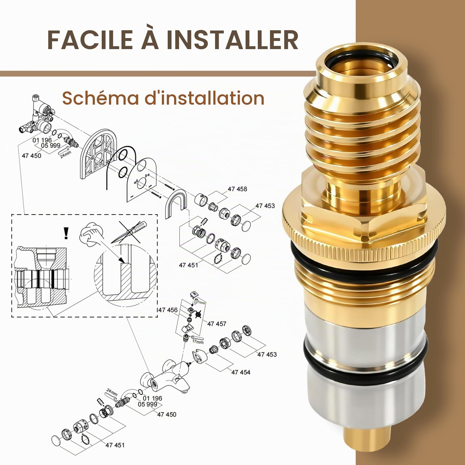 GR-47450000 Cartouche thermostatique 1/2" en laiton et acier inoxydable - Compatible Grohtherm 1000/3000 et Automatic 2000 - Pièce de rechange 47450000