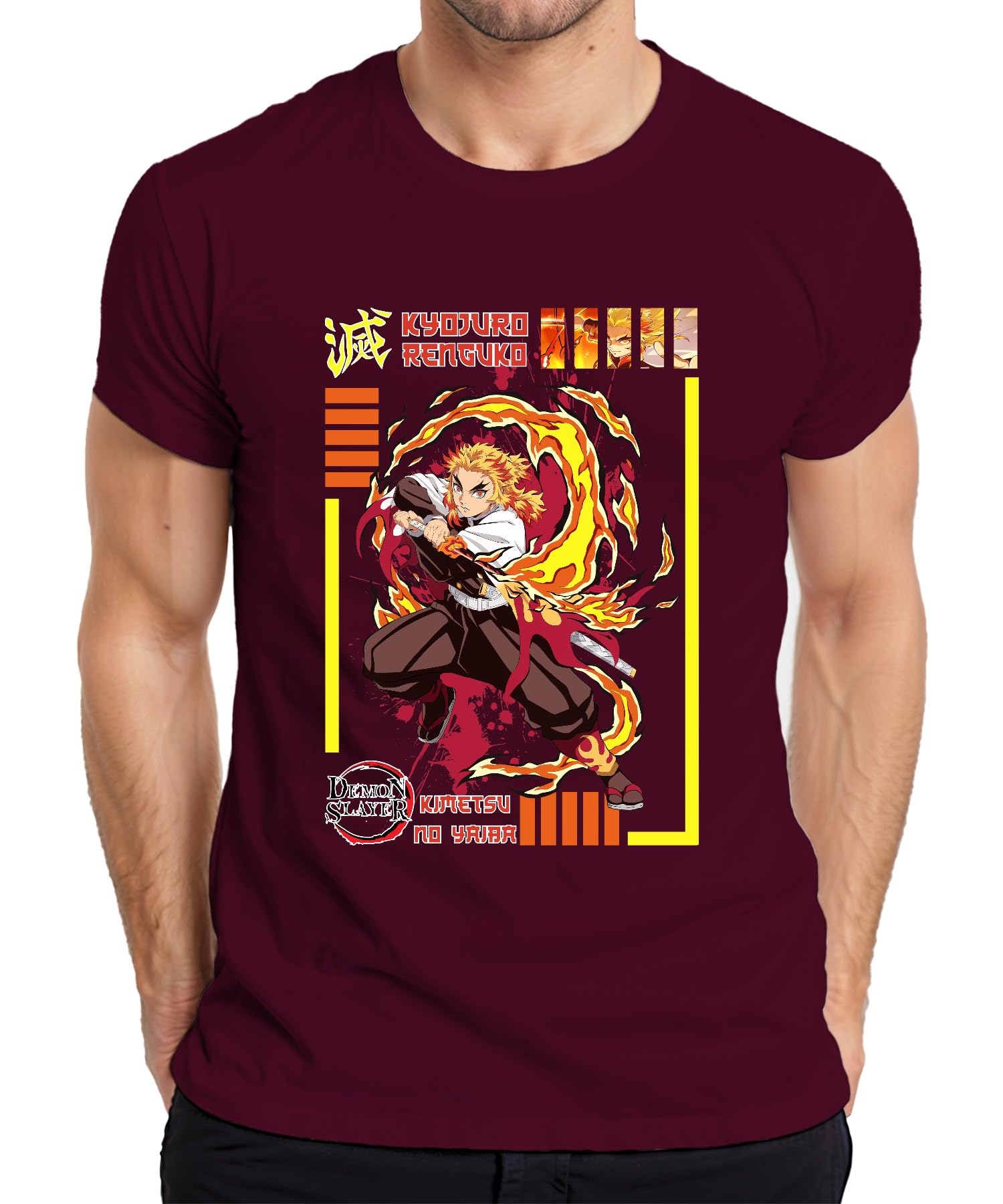 Printera Men's Burgundy Kyojuro Rengoku Demon Slayer Kimetsu No Yaiba Flame Hashira T-Shirt, S