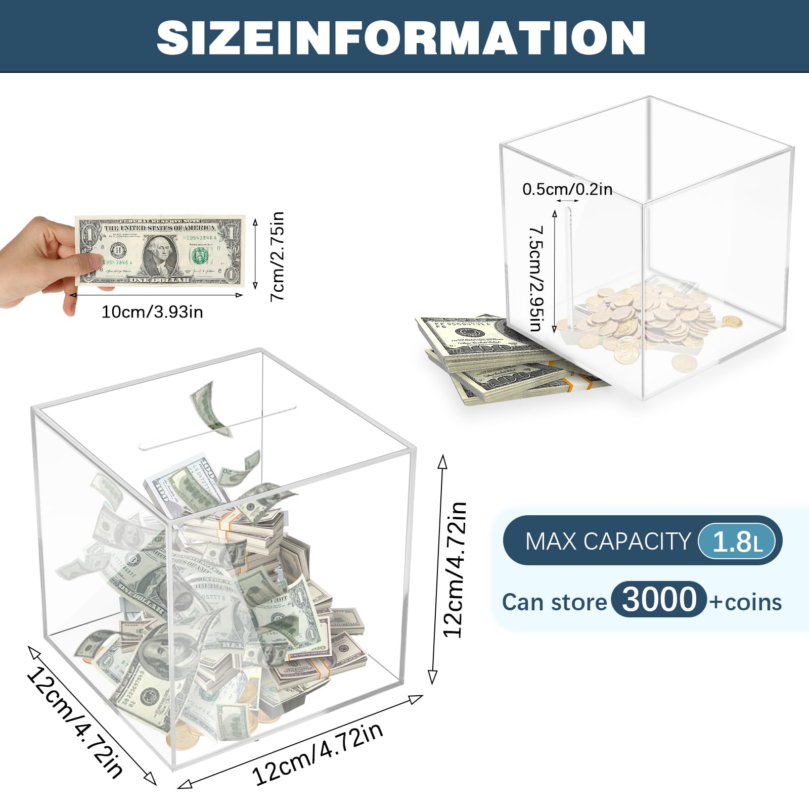 Unbreakable Clear Acrylic Piggy Bank for Adults - Must Break to Open, Secure Coin & Cash Savings Jar, 4.72