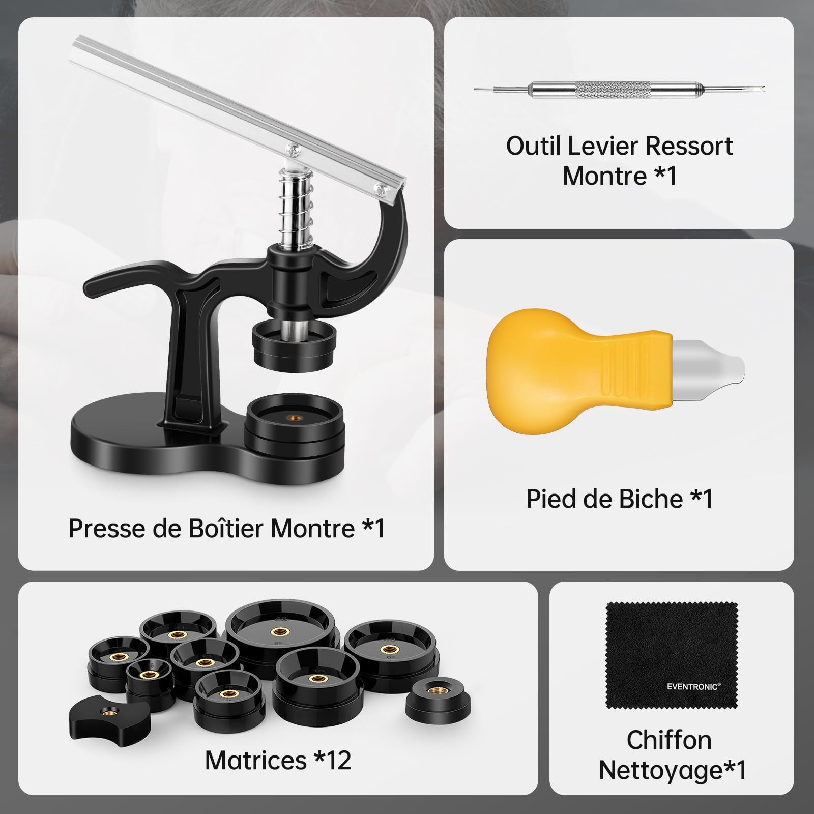 Eventronic Presse de Boîtier Montre, Outil Montre Pour Fermeture La Table Arrière De Montre 12 Tailles de Moules