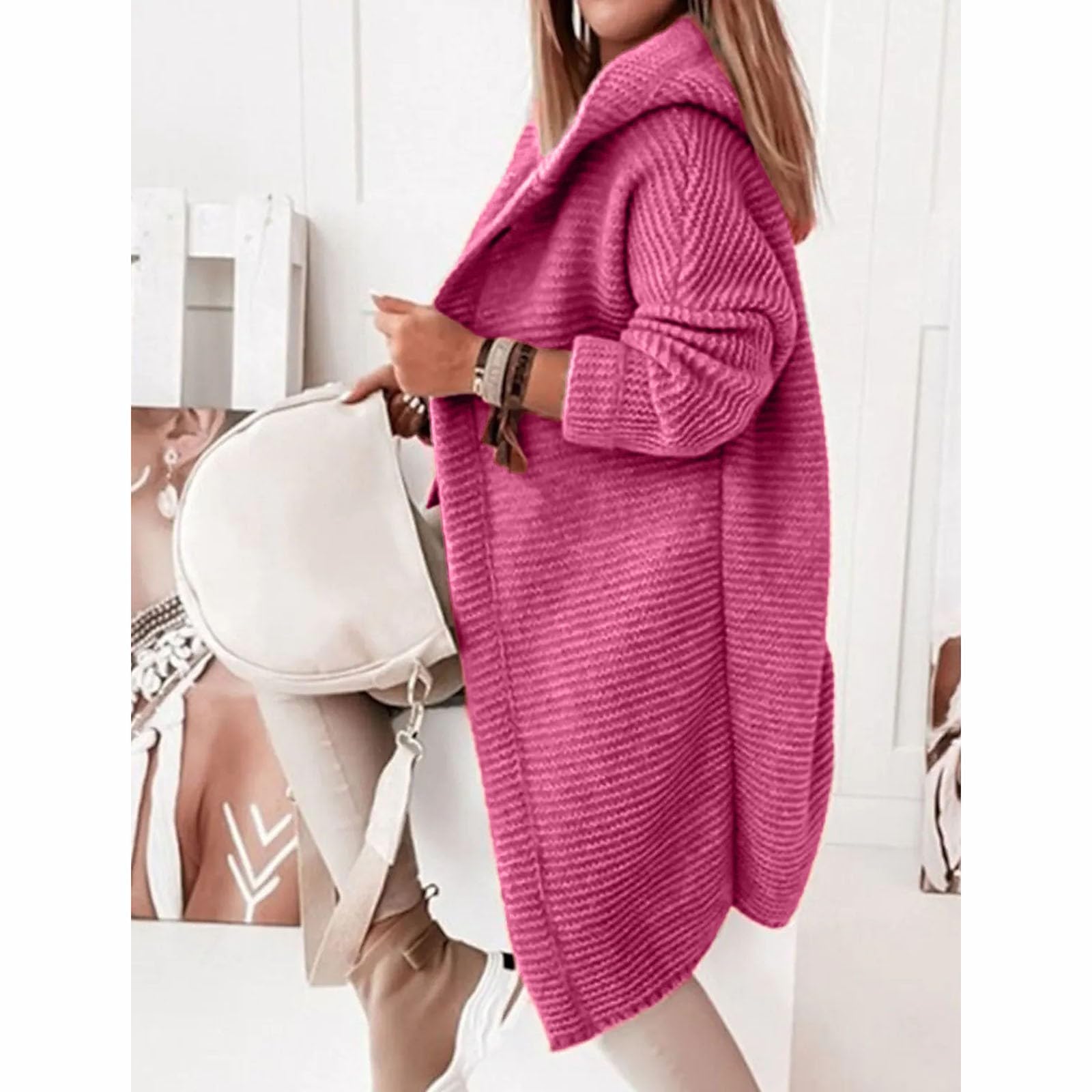 Generisch Strickjacke Damen Winter Cardigan Mittellang Jacket Winddicht