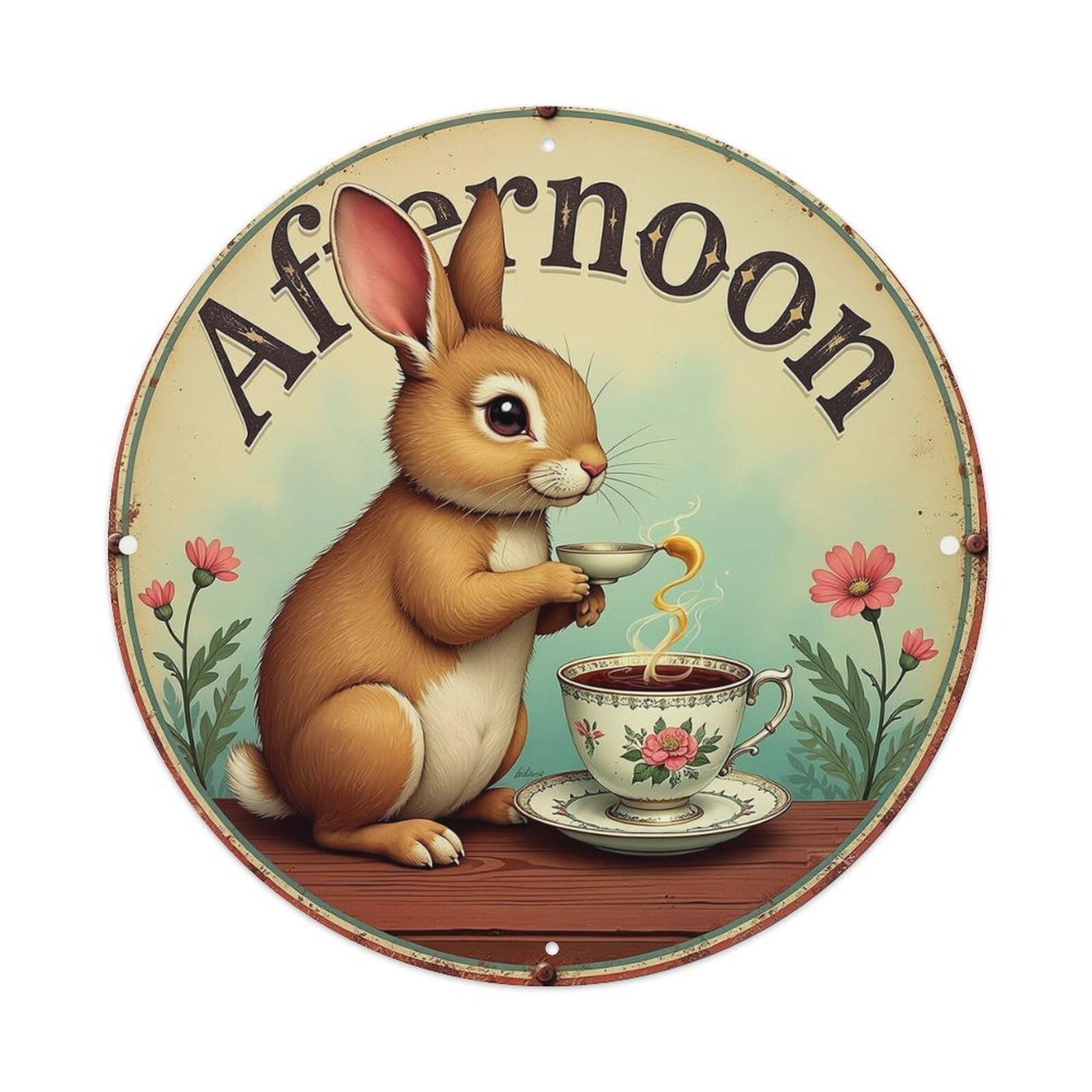Afternoon Tea Rabbit Floral Pattern Metal Tin Sign Plaque