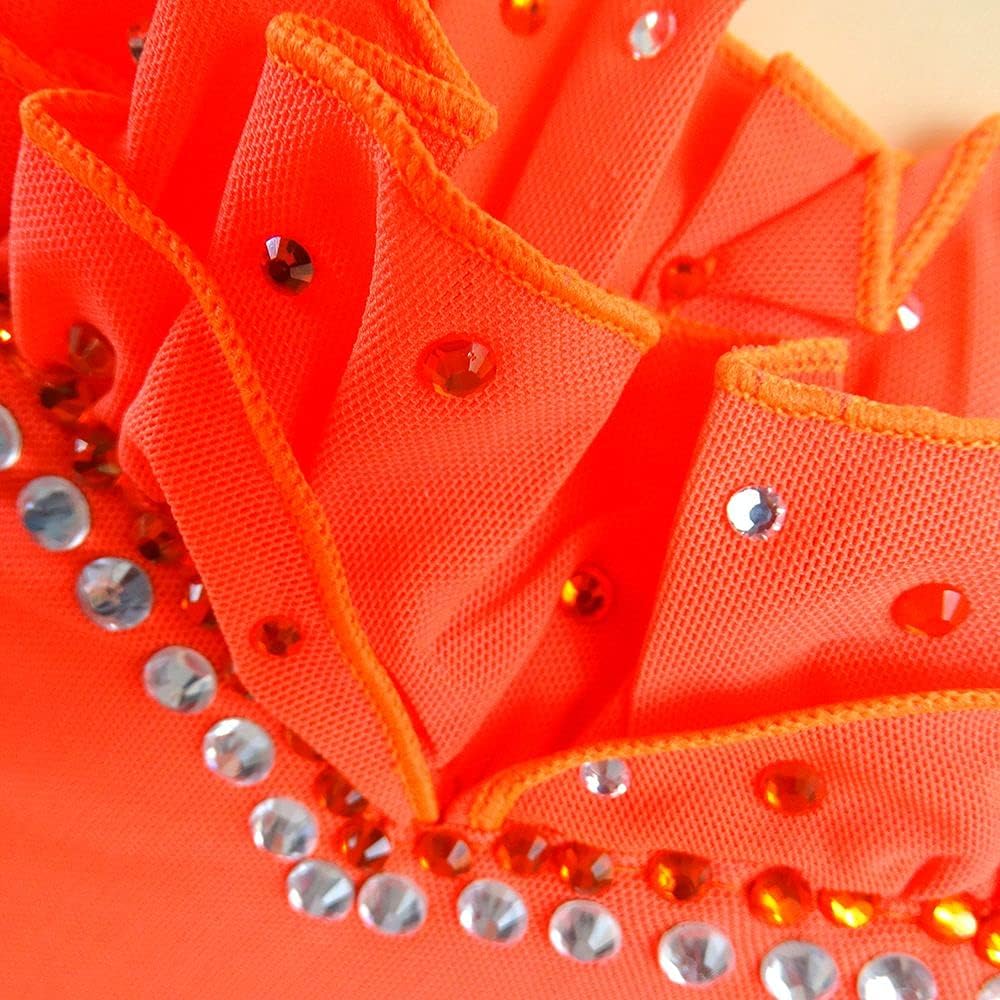 Girls Women Ice Skating Dress Orange Ruff Mesh Figure Skating Dance Clothing Kids