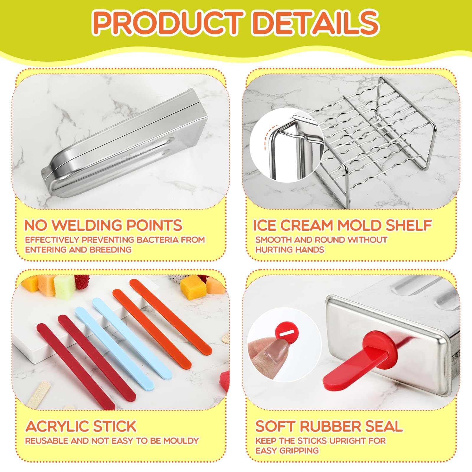 Jingmore Molde de acero inoxidable, 6 moldes de helado de metal de cabeza redonda con soporte, 6 palos acrílicos, máquina de hielo con palitos para hacer yogur congelado, frutas, helados, sorbetes