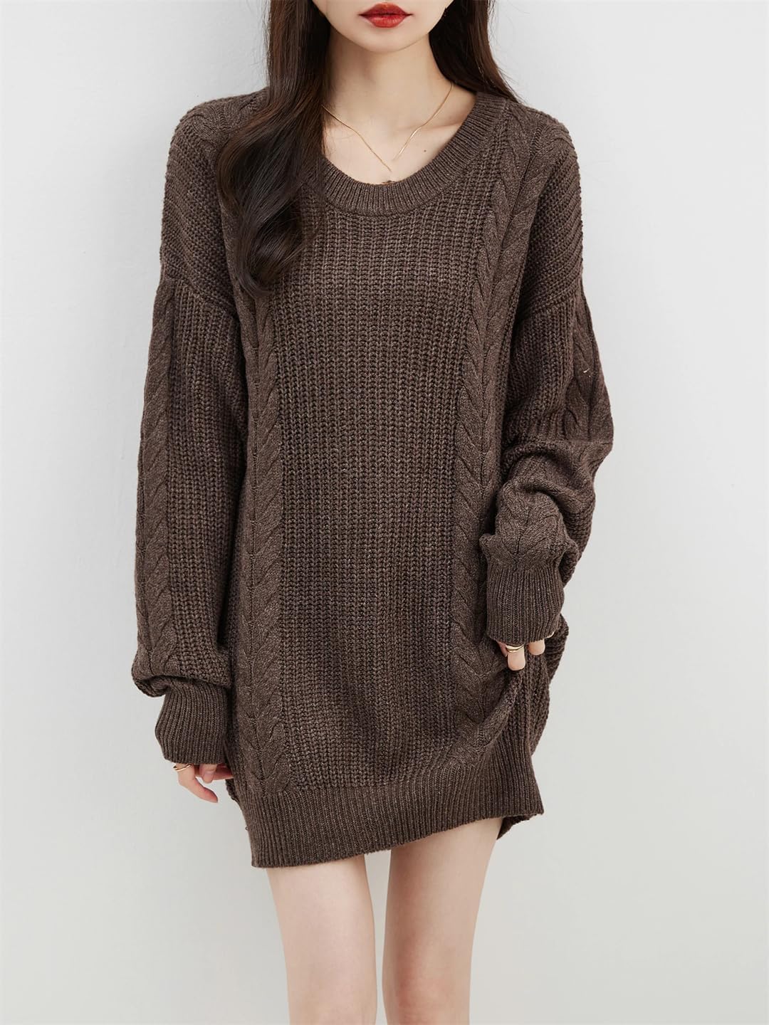 Disimlarl Damski sweter oversize, jesienno-zimowy, ciepły sweter z okrągłym dekoltem, długi rękaw, dzianinowy, długi sweter, wełniany sweter