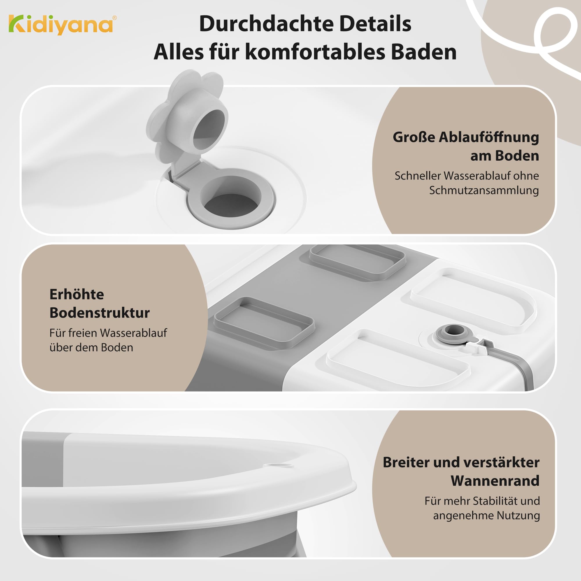Baby Badewanne faltbar mit Gestell, stabil und rutschfest, platzsparend klappbar, mit Ablauf, PP & TPE, 30L, Babywanne kompakt tragbar, faltwanne, 0–3 Jahre