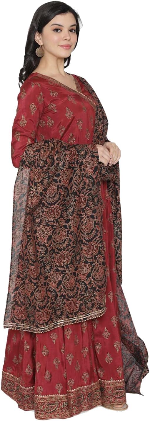 Compatible With rytras Women's Printed Anarkali Ethnic Wear Kurta Set with Dupatta(RYT206,S) Maroon